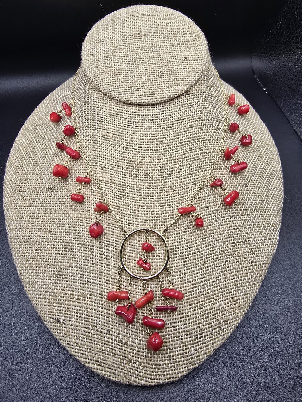 Cookie Lee Genuine Red Coral Stone Circular Pendant Necklace